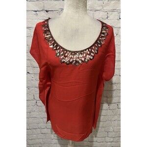 BCBG Maxazria Silk red flutter sleeve Gold Sequin scoop neck blouse top Small